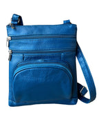 The Roma Leathers, Inc. Cowhide leather Crossbody with phone pocket back side is a blue bag with three zippered compartments and an adjustable shoulder strap, displayed against a white background.