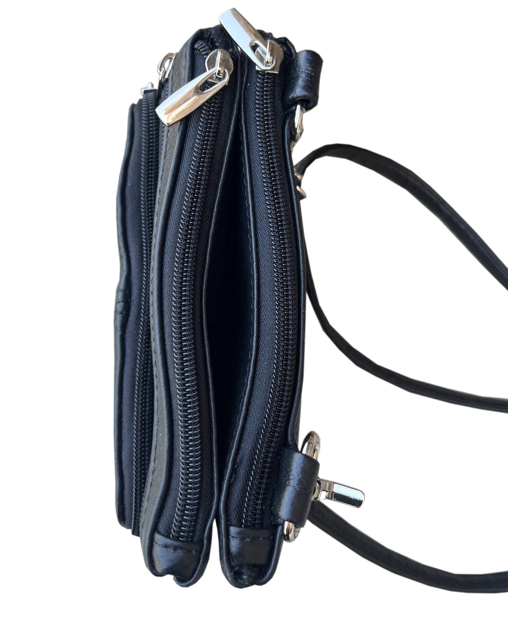 Faire 3099 Small Horizontal Crossbody Bag in small black cowhide leather with two zippered compartments, silver-tone hardware, and a shoulder strap.