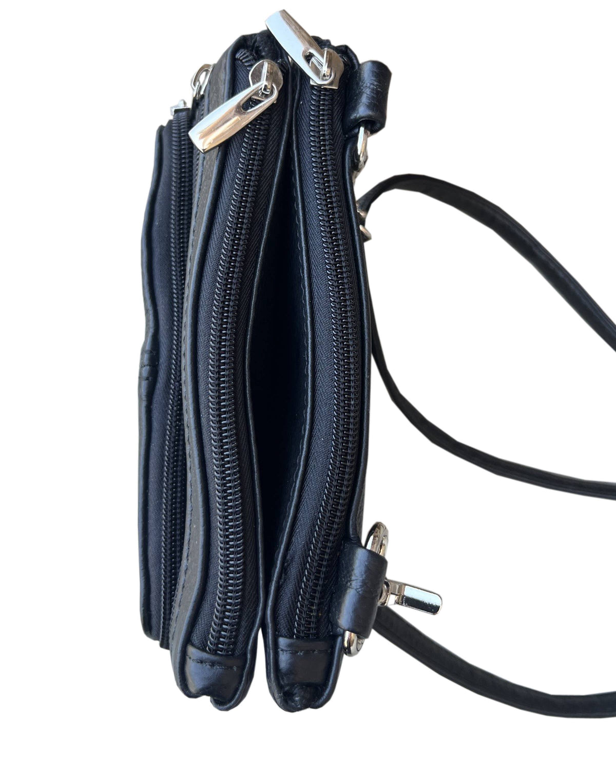 Faire 3099 Small Horizontal Crossbody Bag in small black cowhide leather with two zippered compartments, silver-tone hardware, and a shoulder strap.