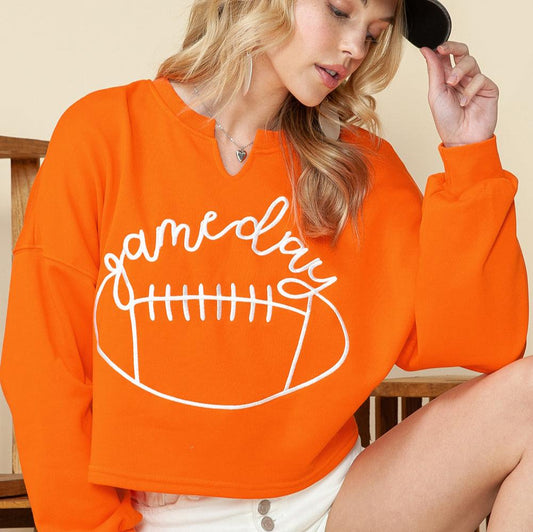 Orange Game Day Lettering Notched Neck Cropped Sweatshirt