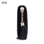 ACCITY ZIPPER TASSEL ANTI-THEFT BRUSH LEATHER WALLET in black stands upright on a white background, featuring a gold keychain and zipper tassel. The RFID symbol at the top left highlights its secure, anti-theft design.