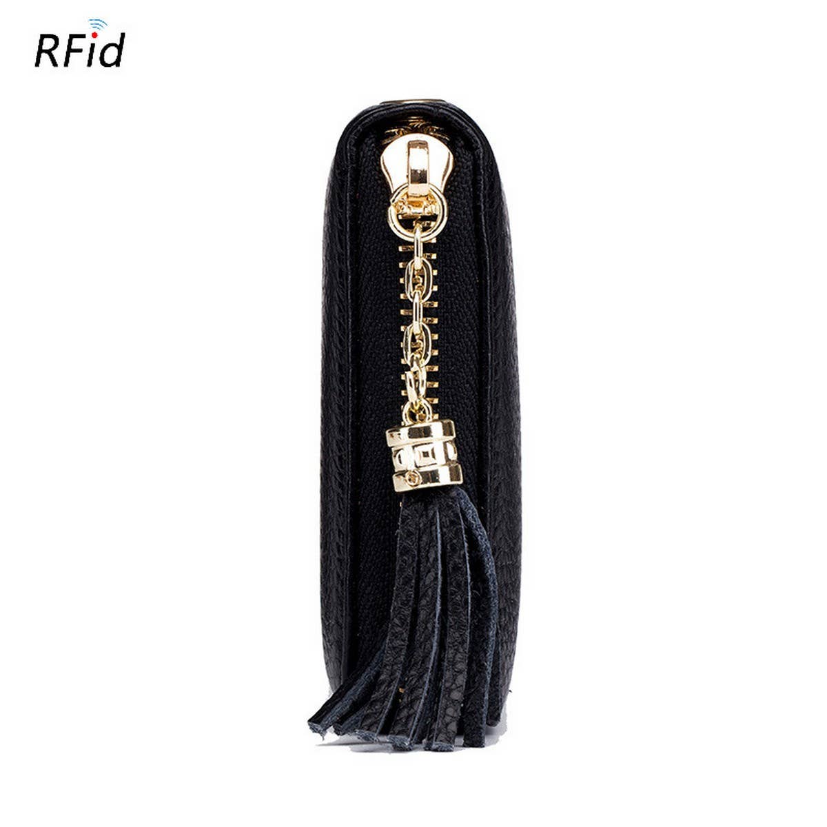ACCITY ZIPPER TASSEL ANTI-THEFT BRUSH LEATHER WALLET in black stands upright on a white background, featuring a gold keychain and zipper tassel. The RFID symbol at the top left highlights its secure, anti-theft design.