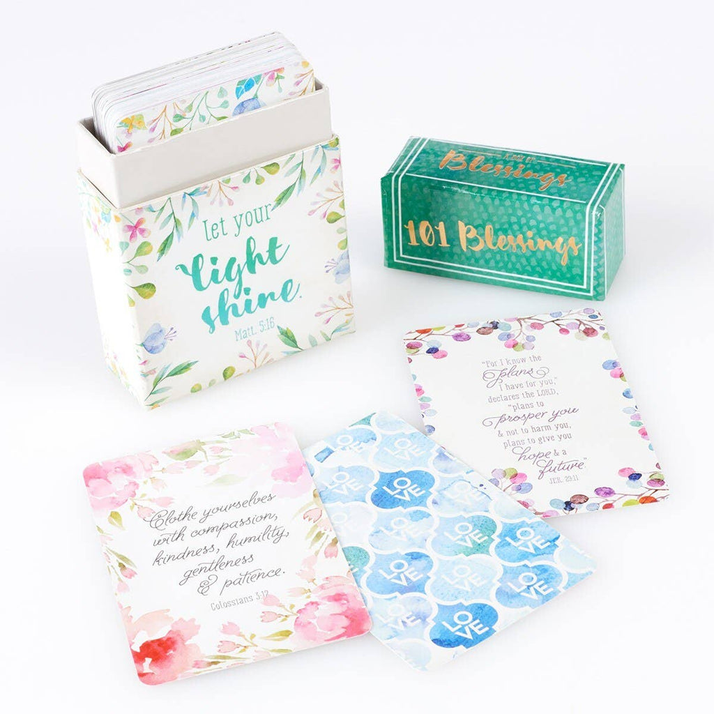 A set of decorative, inspirational cards featuring encouraging Bible messages is displayed in the "Box of Blessings Let Your Light Shine" by Christian Art Gifts.