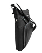 The Roma Leathers, Inc. 3018 Crossbody Shoulder Bag with Organizer Front in black cowhide leather features a front zippered pocket, silver hardware, textured finish, adjustable straps, and a spacious main compartment for essentials.