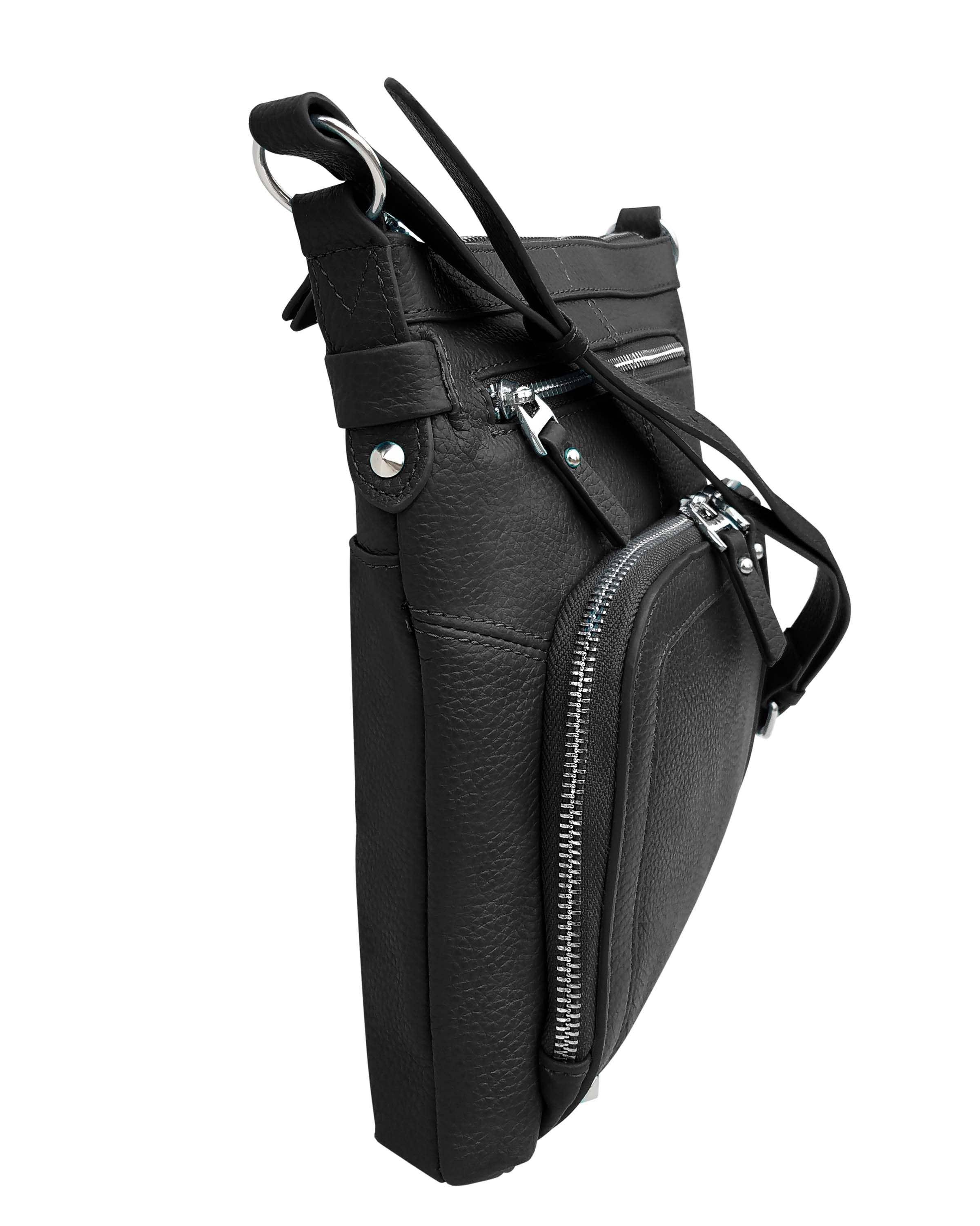 The Roma Leathers, Inc. 3018 Crossbody Shoulder Bag with Organizer Front in black cowhide leather features a front zippered pocket, silver hardware, textured finish, adjustable straps, and a spacious main compartment for essentials.