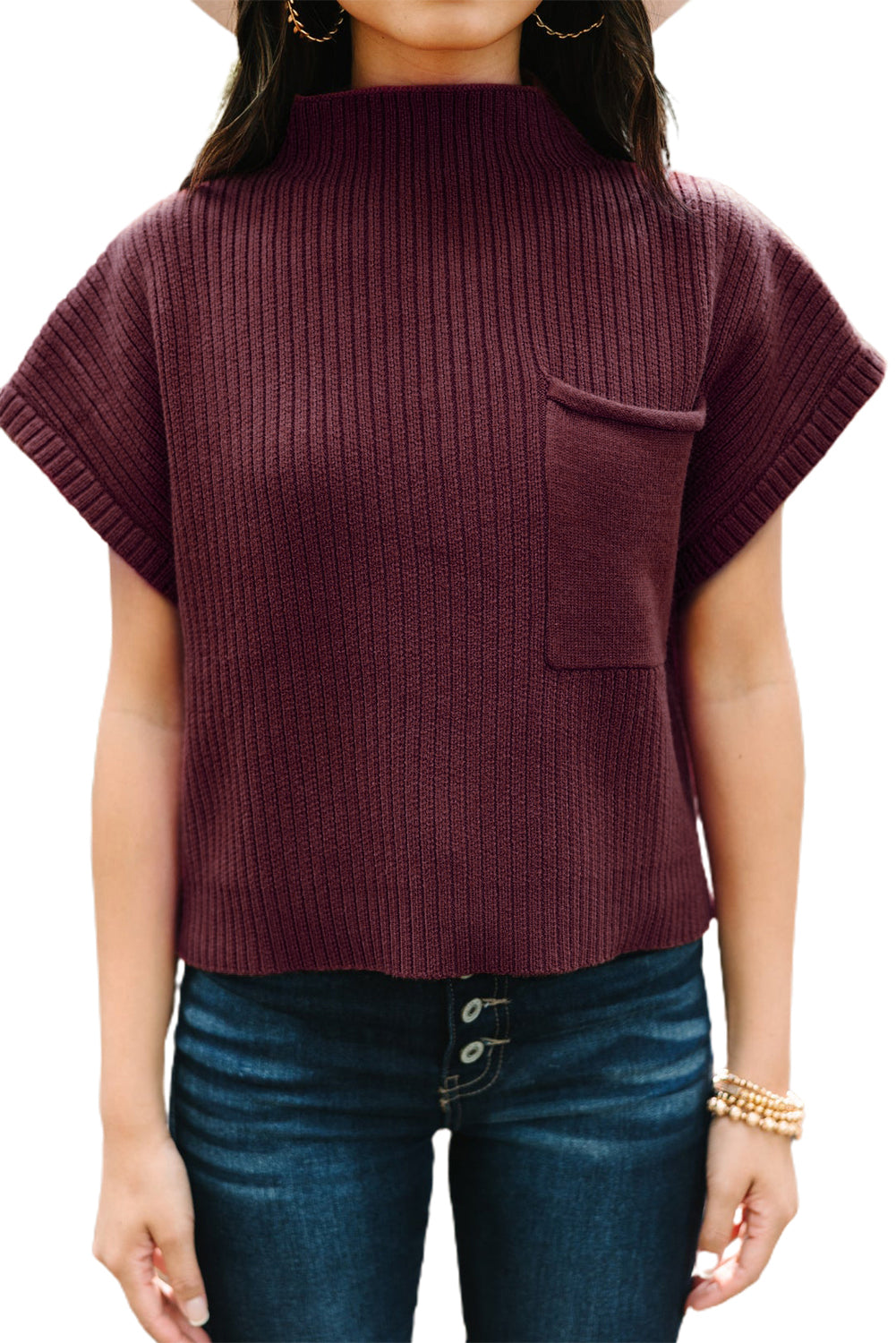 Dressed in a Patch Pocket Ribbed Knit Short Sleeve Sweater by Shewin, maroon in color, paired with dark blue jeans—ideal for transitional weather.