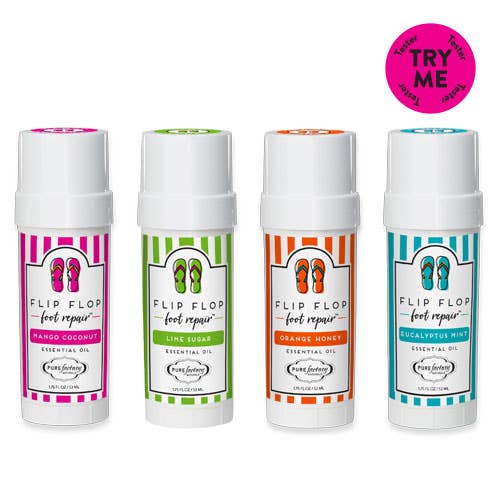 Explore PUREfactory Naturals’ Flip Flop Essential Oils Foot Repair (1.75oz) by Pure Naturals with antibacterial properties: Mango Coconut, Lime Sugar, Orange Honey, and Eucalyptus Mint. A "Try Me" sticker on the top right invites soothing foot rejuvenation.