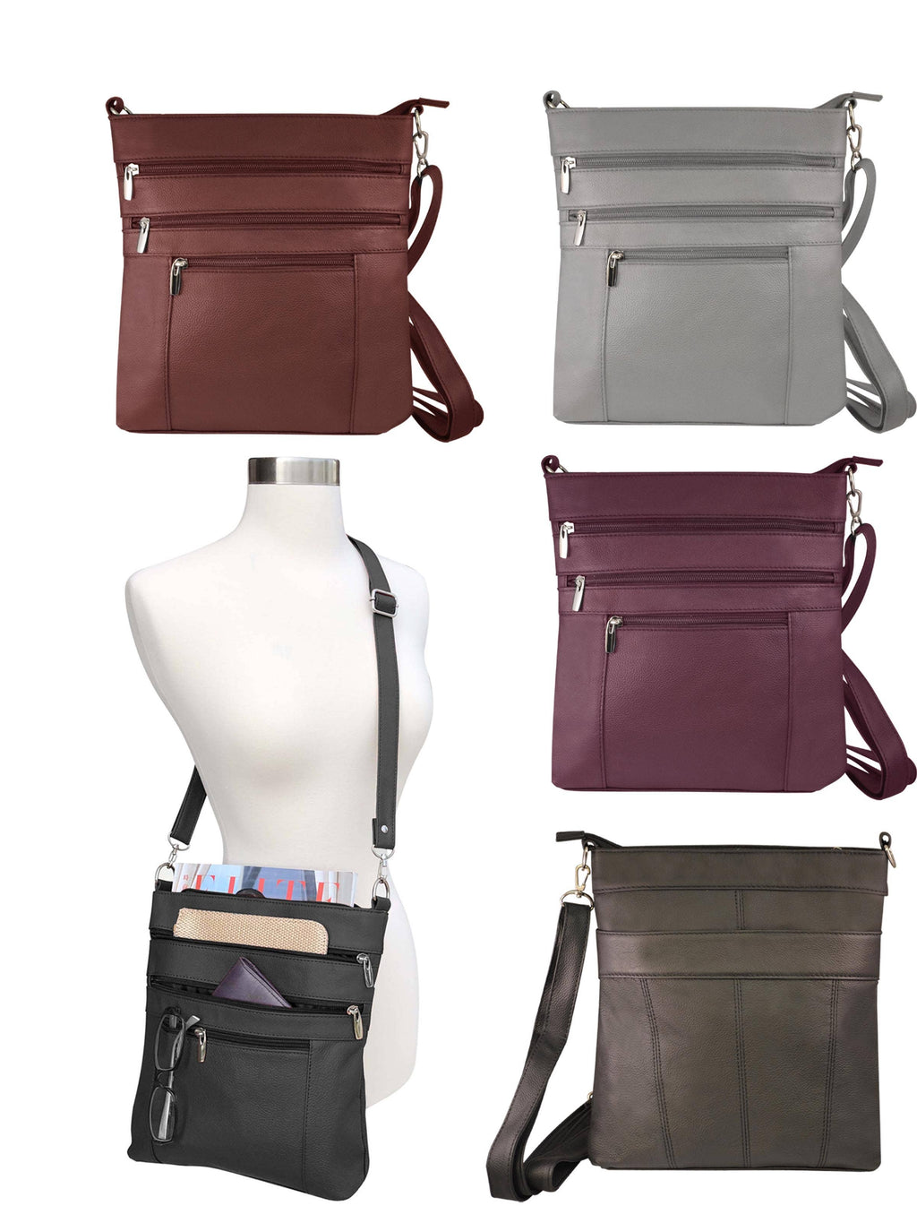 Four Roma Leathers, Inc. Cowhide leather crossbody bags in various colors are shown, featuring zippered pockets for secure storage. One photo displays the bag on a mannequin; another highlights neatly organized items in its compartments.
