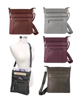 Four Roma Leathers, Inc. Cowhide leather crossbody bags in various colors are shown, featuring zippered pockets for secure storage. One photo displays the bag on a mannequin; another highlights neatly organized items in its compartments.