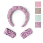 I Washed Up Like This Super Soft Dryband Set in purple, including a spa headband and two wristbands, with color swatches showing pink, tan, mint green, and purple options.