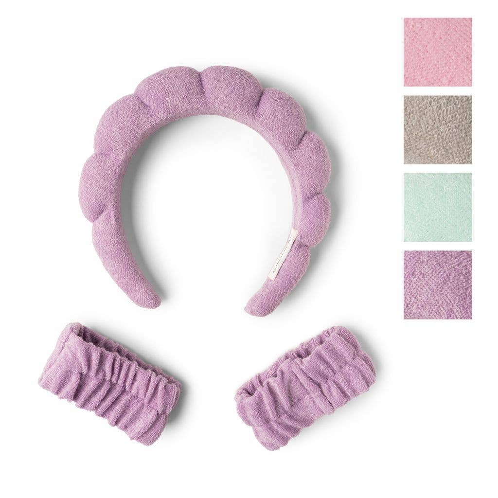 I Washed Up Like This Super Soft Dryband Set in purple, including a spa headband and two wristbands, with color swatches showing pink, tan, mint green, and purple options.