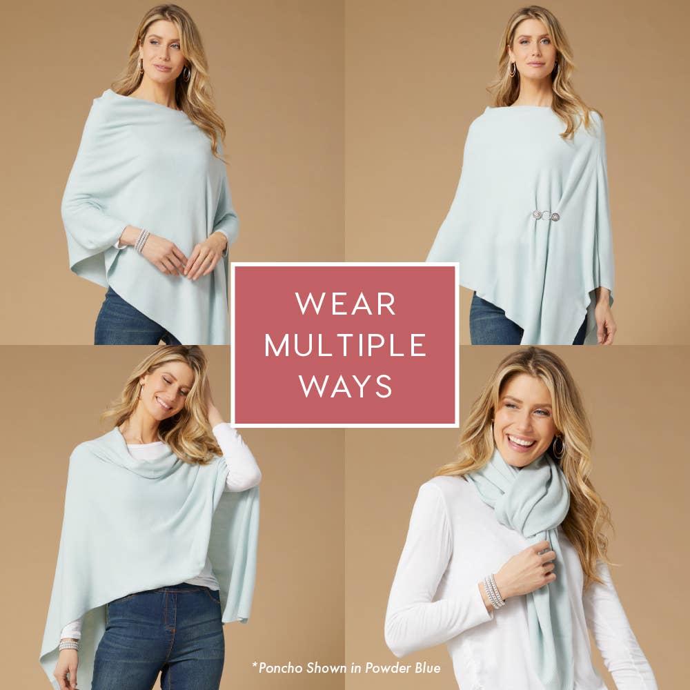 A woman showcases the COCO + CARMEN Lightweight Ponchos Wrap styled four ways on a beige background. Center text reads "Wear Multiple Ways." This versatile wrap is perfect for layering and complements any wardrobe.