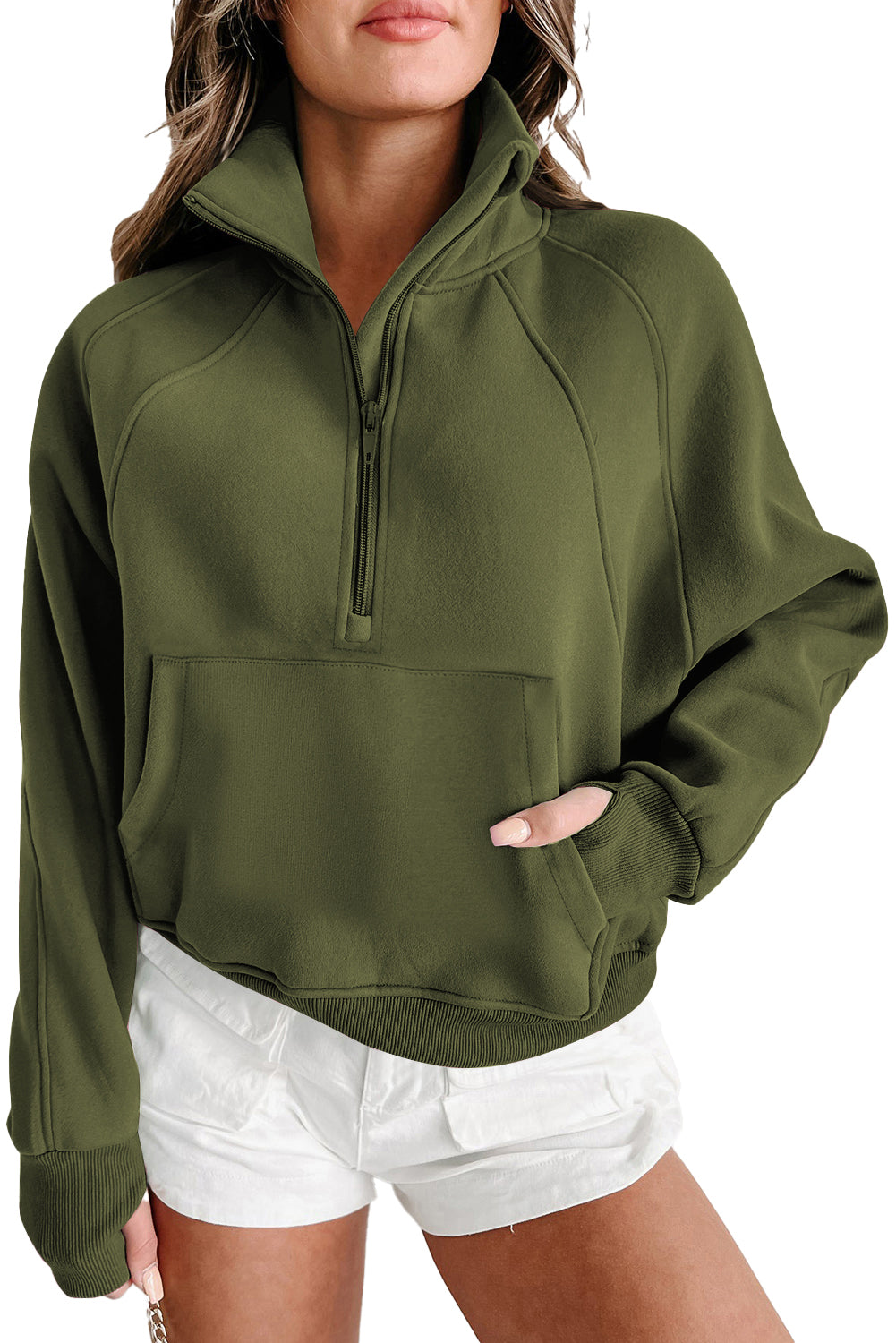 A person with long hair wears the Shewin Gray Zip Up Stand Collar Ribbed Thumbhole Sleeve Sweatshirt and white shorts against a plain background.