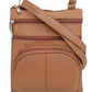 The Roma Leathers, Inc. Cowhide Leather Crossbody with phone pocket features multiple zippered compartments and an adjustable shoulder strap, shown in light brown against a white background.