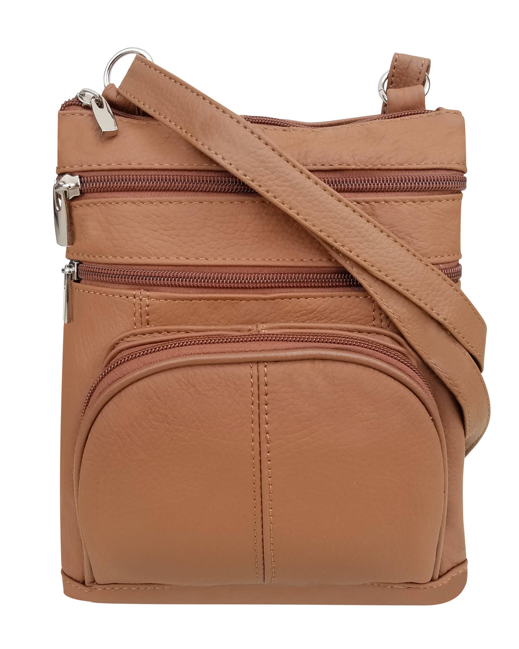 The Roma Leathers, Inc. Cowhide Leather Crossbody with phone pocket features multiple zippered compartments and an adjustable shoulder strap, shown in light brown against a white background.