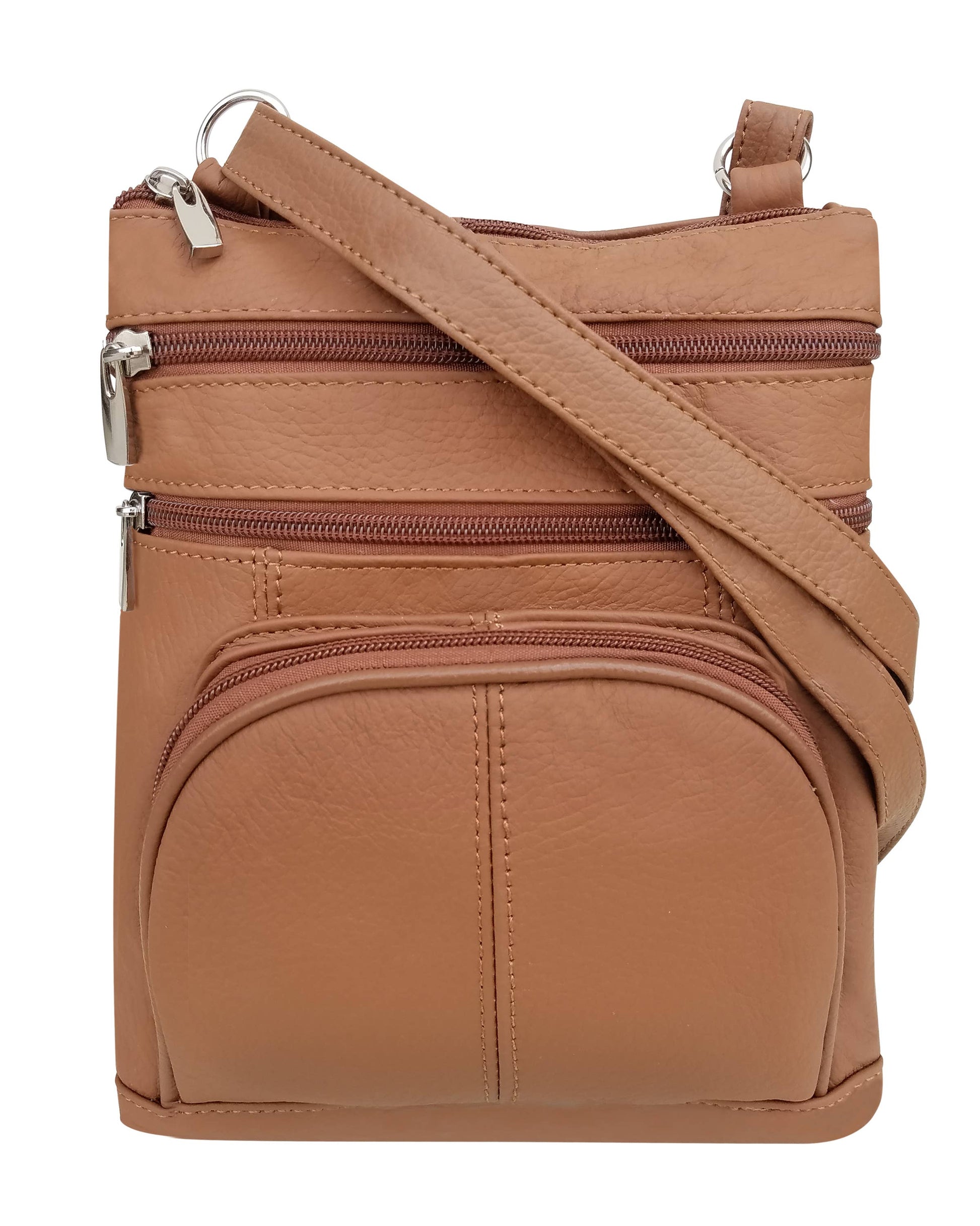 Roma Leathers, Inc. Cowhide leather crossbody with phone pocket in light brown, featuring multiple zippered compartments and an adjustable shoulder strap, shown against a white background.