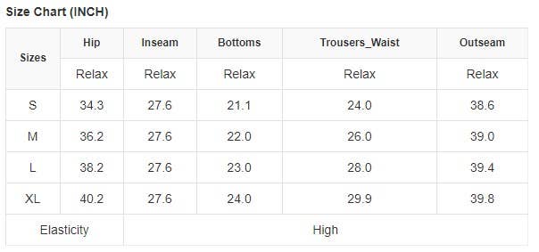 The LA Society Black Crossed Dip Waist Sleek Leather Leggings size chart (S–XL, inches) includes hip, inseam, trousers waist, and outseam. Features high elasticity and a stylish crossed waistband.