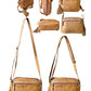 The Roma Leathers, Inc. Cowhide Leather Crossbody is a tan bag with an adjustable strap, front zipper pocket, and tassel detail shown from multiple angles.