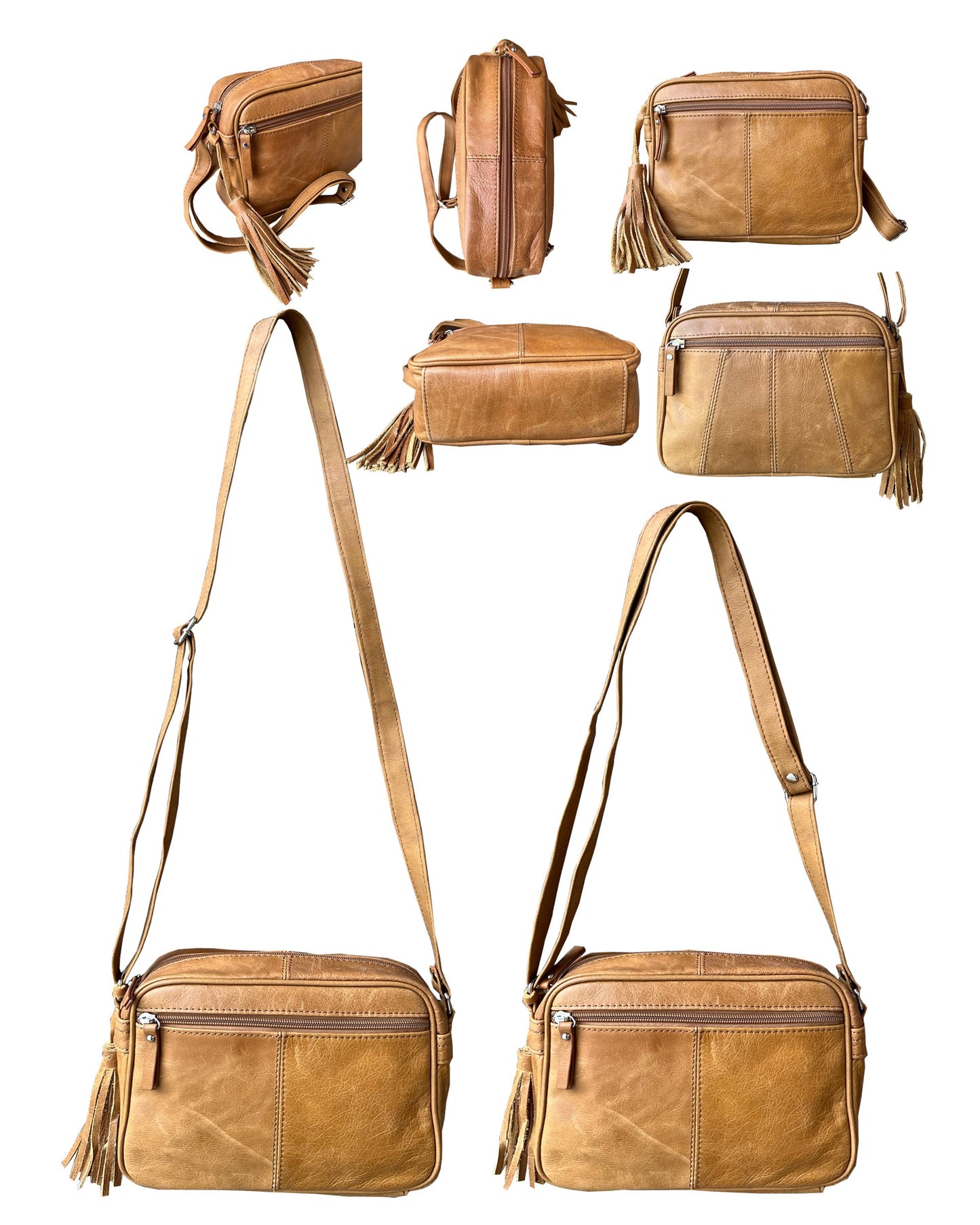 The Roma Leathers, Inc. Cowhide Leather Crossbody is a tan bag with an adjustable strap, front zipper pocket, and tassel detail shown from multiple angles.