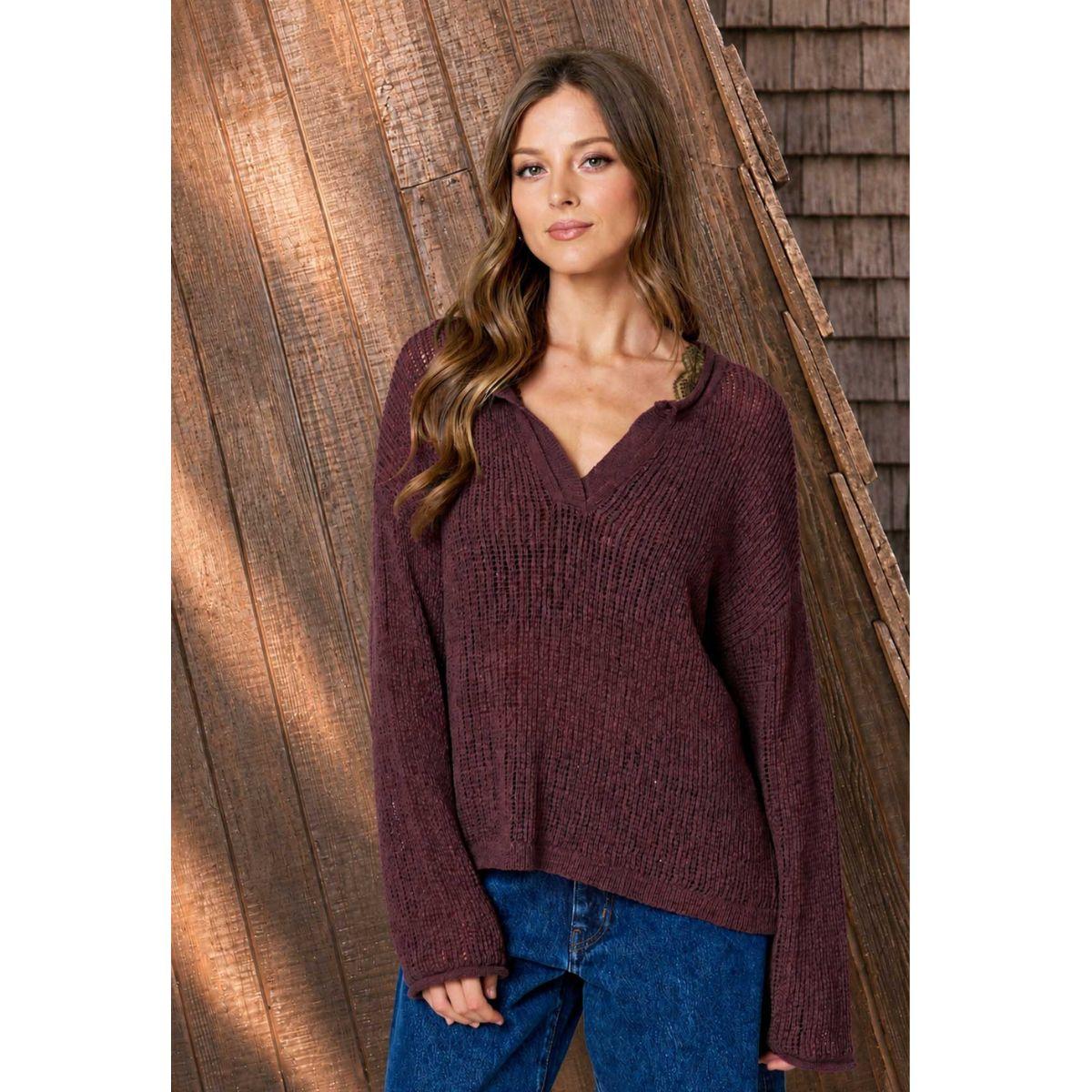 Shop this Raw Edge Split Neck Sweater featuring lightweight sheer knit, long sleeves and relaxed detailing for an easy layered look.