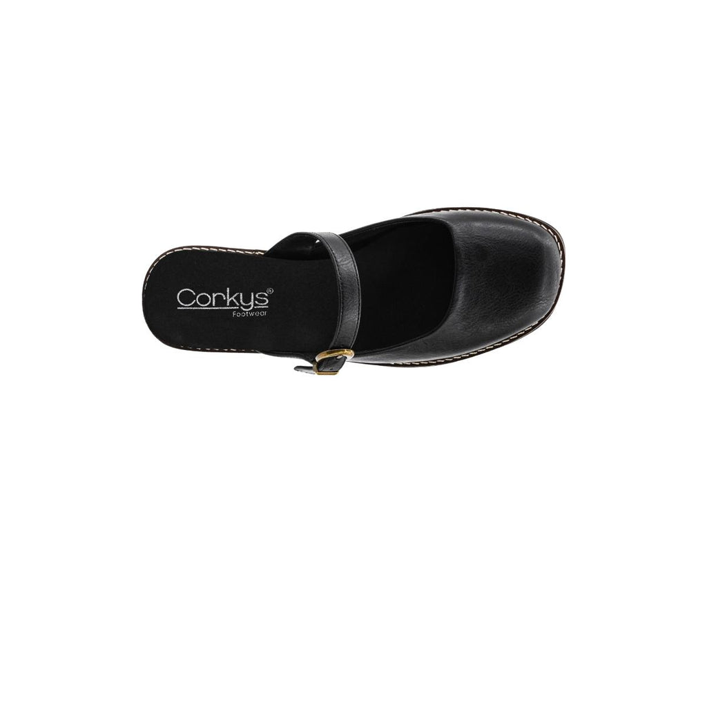 A single black Me Time Wedge clog-style shoe with a strap, viewed from above, features the “CORKY’S FOOTWEAR INC” logo on the insole—an ideal choice for those seeking comfortable wedge sandals.