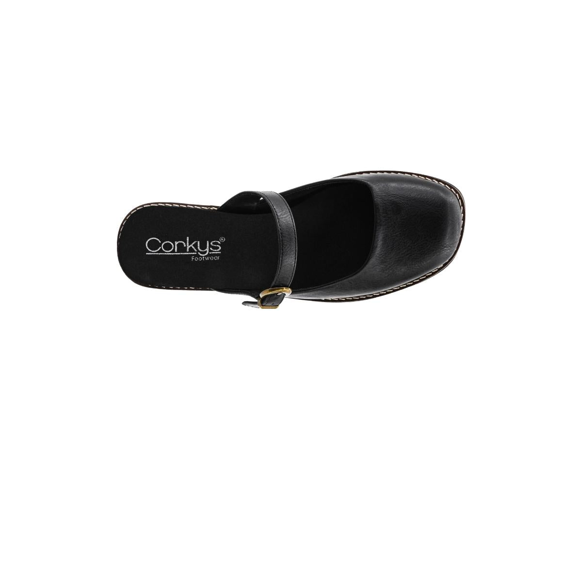 A single black Me Time Wedge clog-style shoe with a strap, viewed from above, features the “CORKY’S FOOTWEAR INC” logo on the insole—an ideal choice for those seeking comfortable wedge sandals.