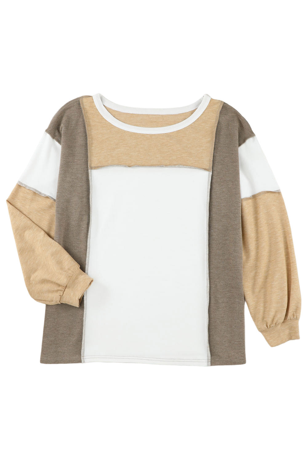 A long-sleeve top with a unique color block design in white, beige, and versatile khaki tones. The Shewin Khaki Color Block Exposed Seam Long Sleeve Top features a round neckline and slightly puffy sleeves.