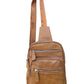 The Roma Leathers, Inc. Cowhide leather sling bag backpack features two main zippered compartments, front zipper pockets, and an adjustable shoulder strap for a comfortable fit.