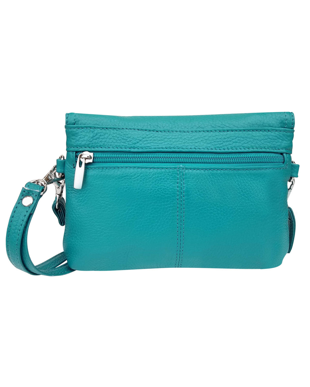 The Roma Leathers, Inc. Cowhide Leather Crossbody Clutch Bag features teal leather, a front zipper pocket, silver hardware, and an adjustable shoulder strap for versatile styling.