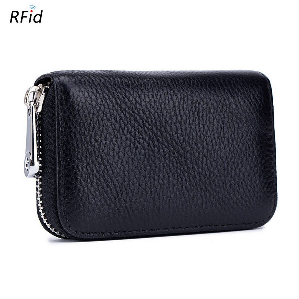 The ACCITY CARD WALLET Anti-Theft Wallet features black textured leather, a silver zipper, and RFID protection, blending style and security for your cards. Shown closed on a white background.