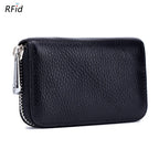 The ACCITY CARD WALLET Anti-Theft Wallet features black textured leather, a silver zipper, and RFID protection, blending style and security for your cards. Shown closed on a white background.