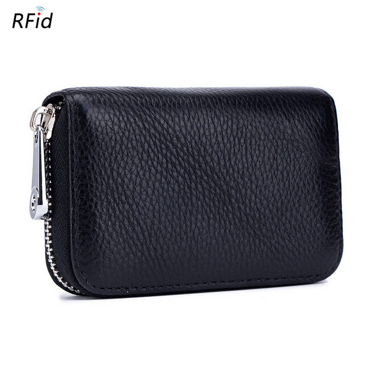 The ACCITY CARD WALLET Anti-Theft Wallet features black textured leather, a silver zipper, and RFID protection, blending style and security for your cards. Shown closed on a white background.