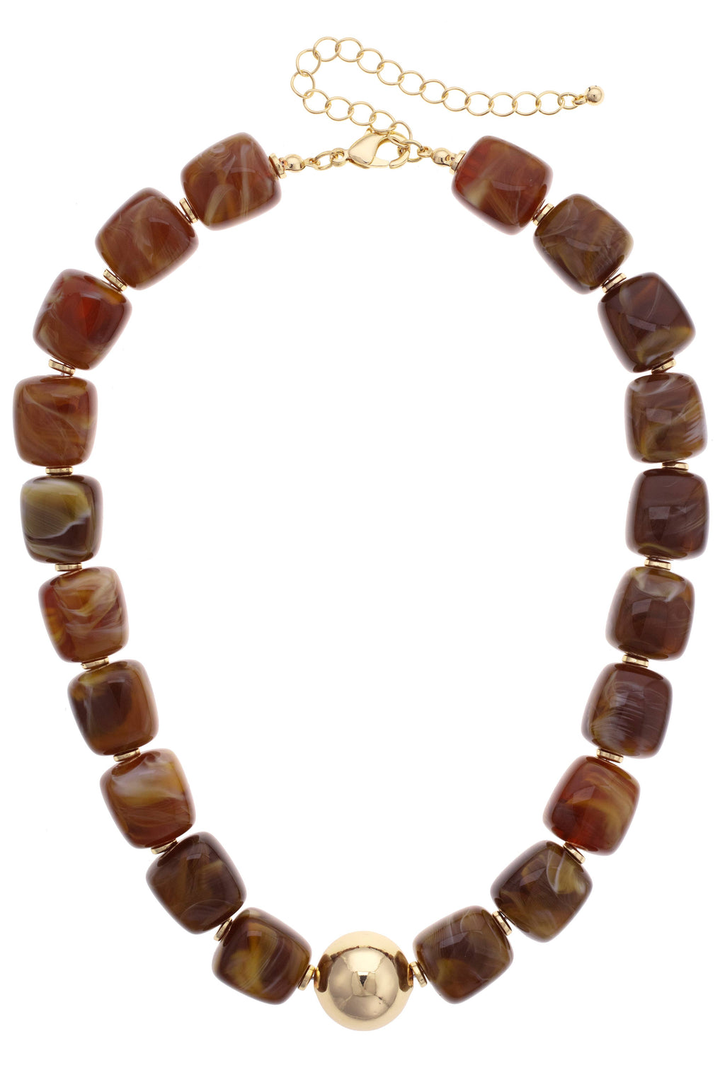 Palermo Resin Beaded Necklace featuring square, marbled brown resin beads and a central gold-tone ball, finished with an adjustable gold-tone chain extender and lobster clasp.