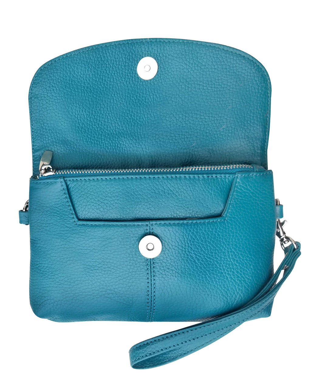 The Cowhide Leather Crossbody Clutch Bag by Roma Leathers, Inc. in teal features snap button and zipper closures, shown open to display its interior pocket.