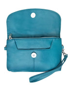 The Cowhide Leather Crossbody Clutch Bag by Roma Leathers, Inc. in teal features snap button and zipper closures, shown open to display its interior pocket.
