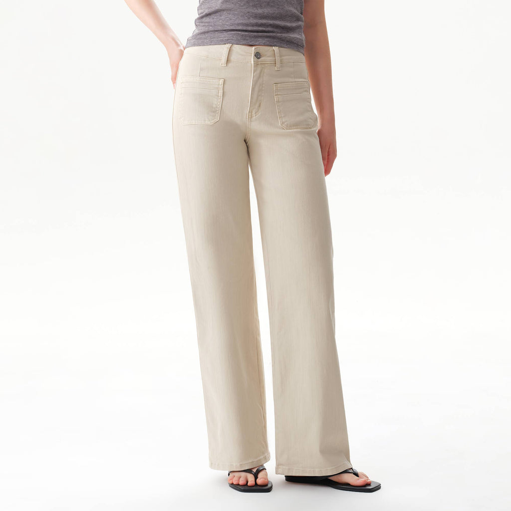 Off White Mid Rise Straight Pants in off-white, featuring a mid-rise, straight-leg silhouette with front patch pockets.