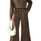 Dark Brown Textured Loose Slouchy Long Sleeve Top and Pants Set