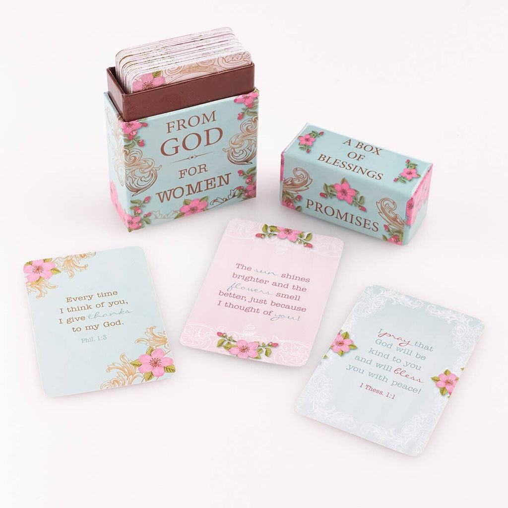 A floral-themed box labeled "Box of Blessings Promises for Women" from Christian Art Gifts features beautifully designed Bible verse cards, elegantly displayed in front.
