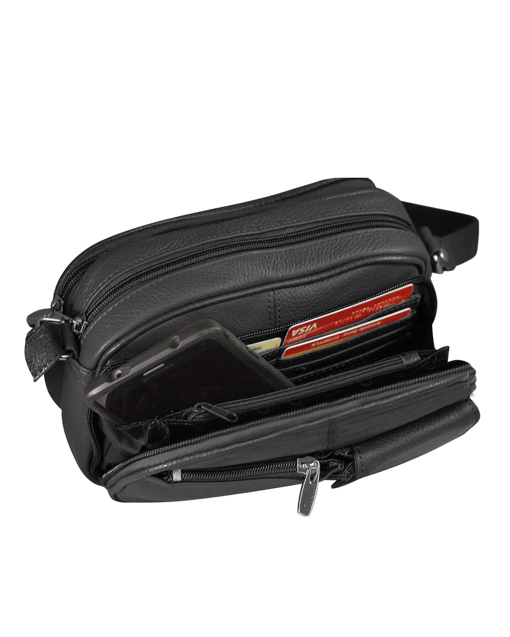 Faire 3013 Crossbody Bag with front organizer in black cowhide leather, featuring an adjustable shoulder strap and open front compartments containing a smartphone and several credit cards.