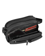 Faire 3013 Crossbody Bag with front organizer in black cowhide leather, featuring an adjustable shoulder strap and open front compartments containing a smartphone and several credit cards.