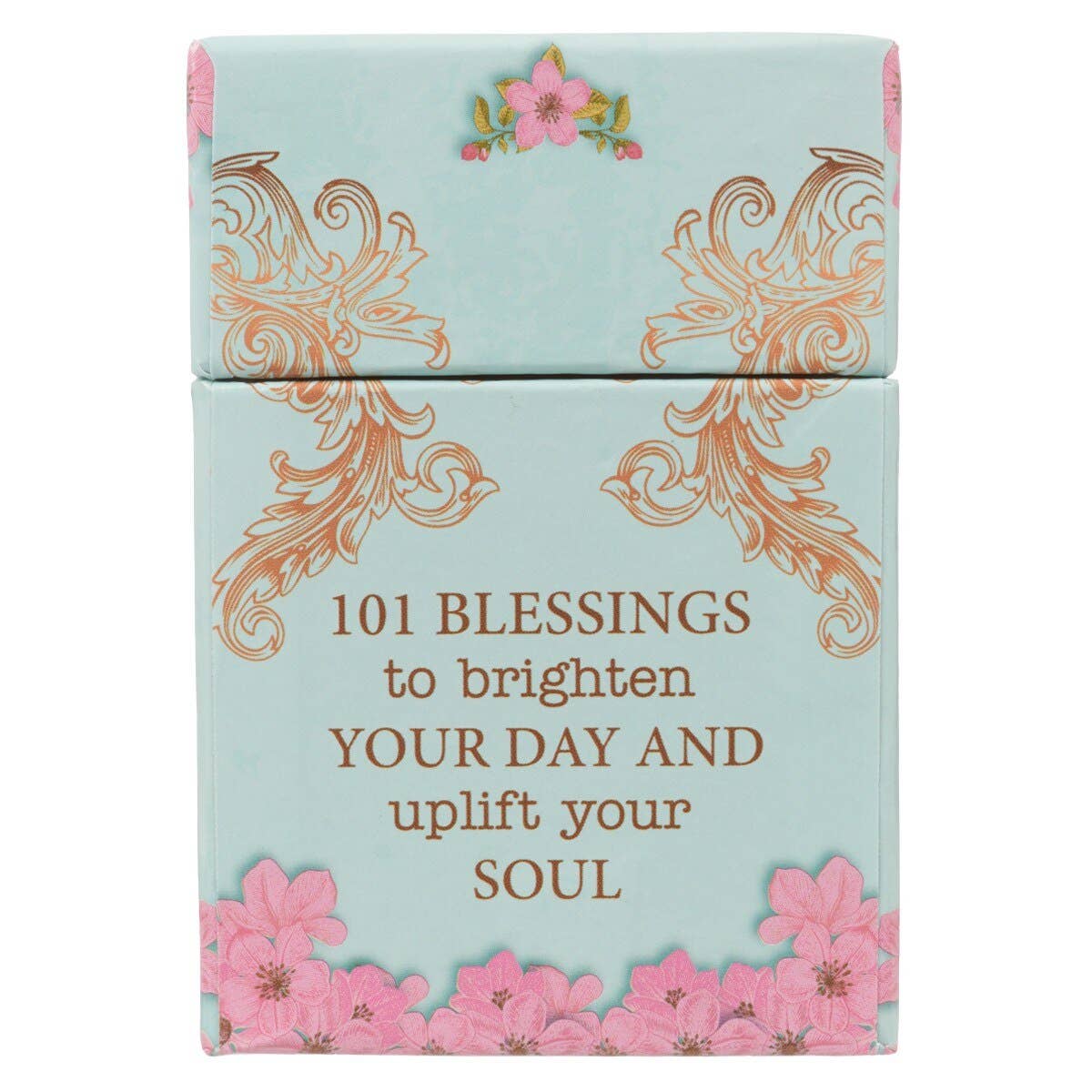 The Box of Blessings Promises for Women by Christian Art Gifts features a light blue box adorned with gold decorative swirls, pink flowers, and the words "101 blessings to brighten your day and uplift your soul." Inside are inspiring Bible verse cards highlighting God's promises especially for women.