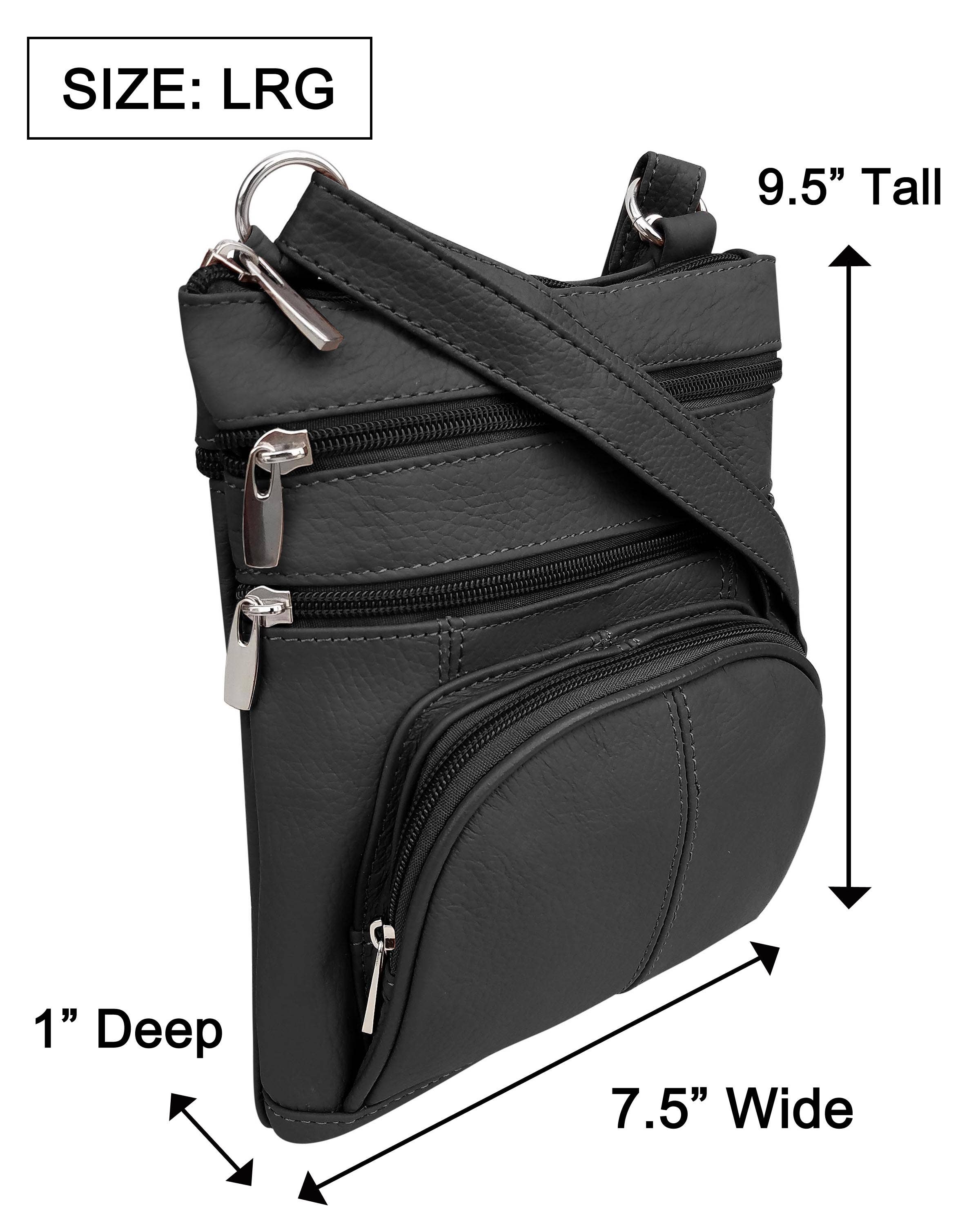 The Roma Leathers, Inc. Cowhide leather Crossbody with phone pocket back side features three zippered compartments, built-in credit card slots, and measures 9.5"H x 7.5"W x 1"D in large size.