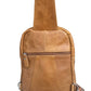 The Roma Leathers, Inc. Cowhide leather sling bag backpack in light brown features a front zipper pocket and adjustable shoulder strap, shown against a white background.