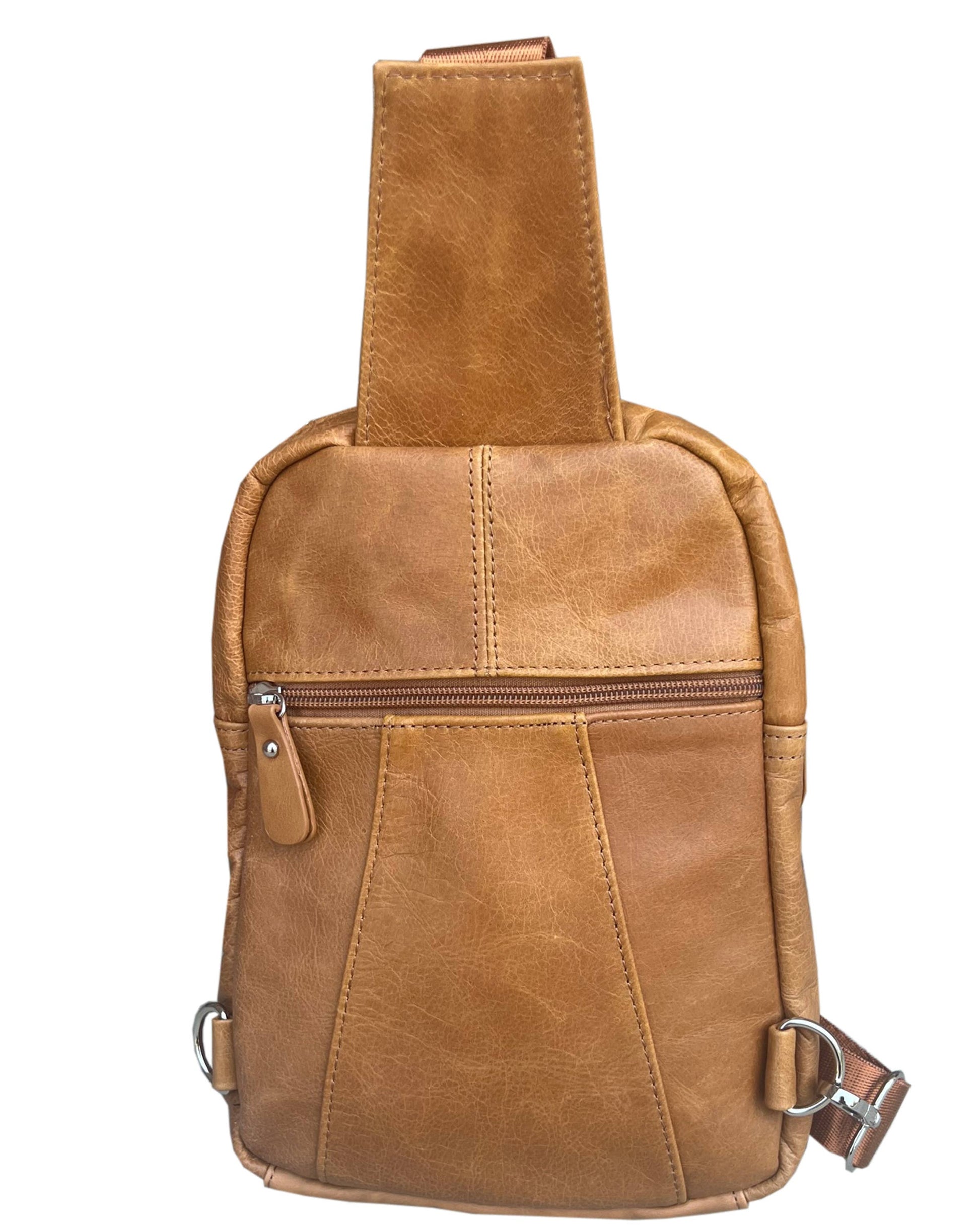 The Roma Leathers, Inc. Cowhide leather sling bag backpack in light brown features a front zipper pocket and adjustable shoulder strap, shown against a white background.