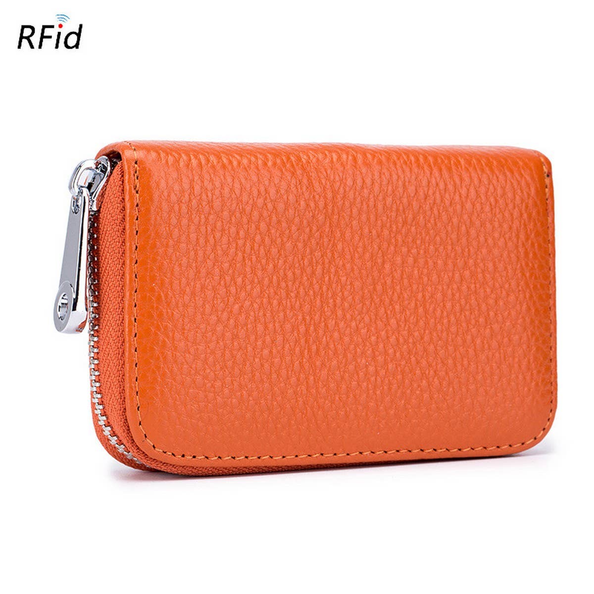 The ACCITY CARD WALLET Anti-Theft Wallet in textured orange leather features RFID protection and a secure zip, shown on a white background.