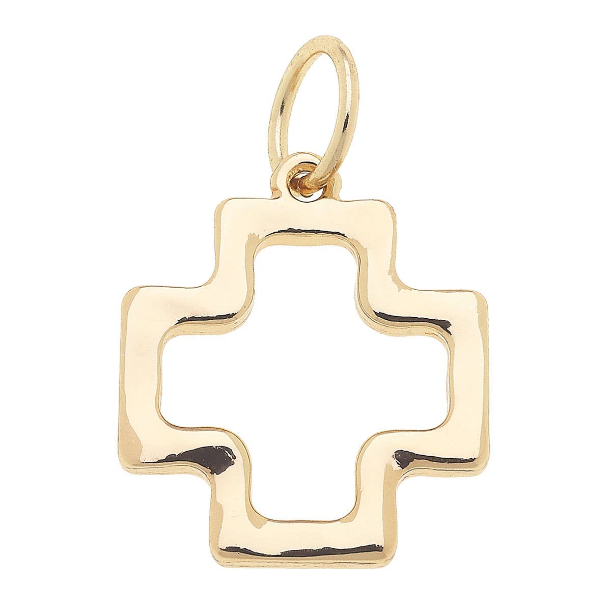 The Canvas Style Cross Outline Charm in Shiny Gold features a hollow cross design with rounded corners and a convenient top loop for attaching to your favorite chain—an elegant faith jewelry piece perfect for any collection.