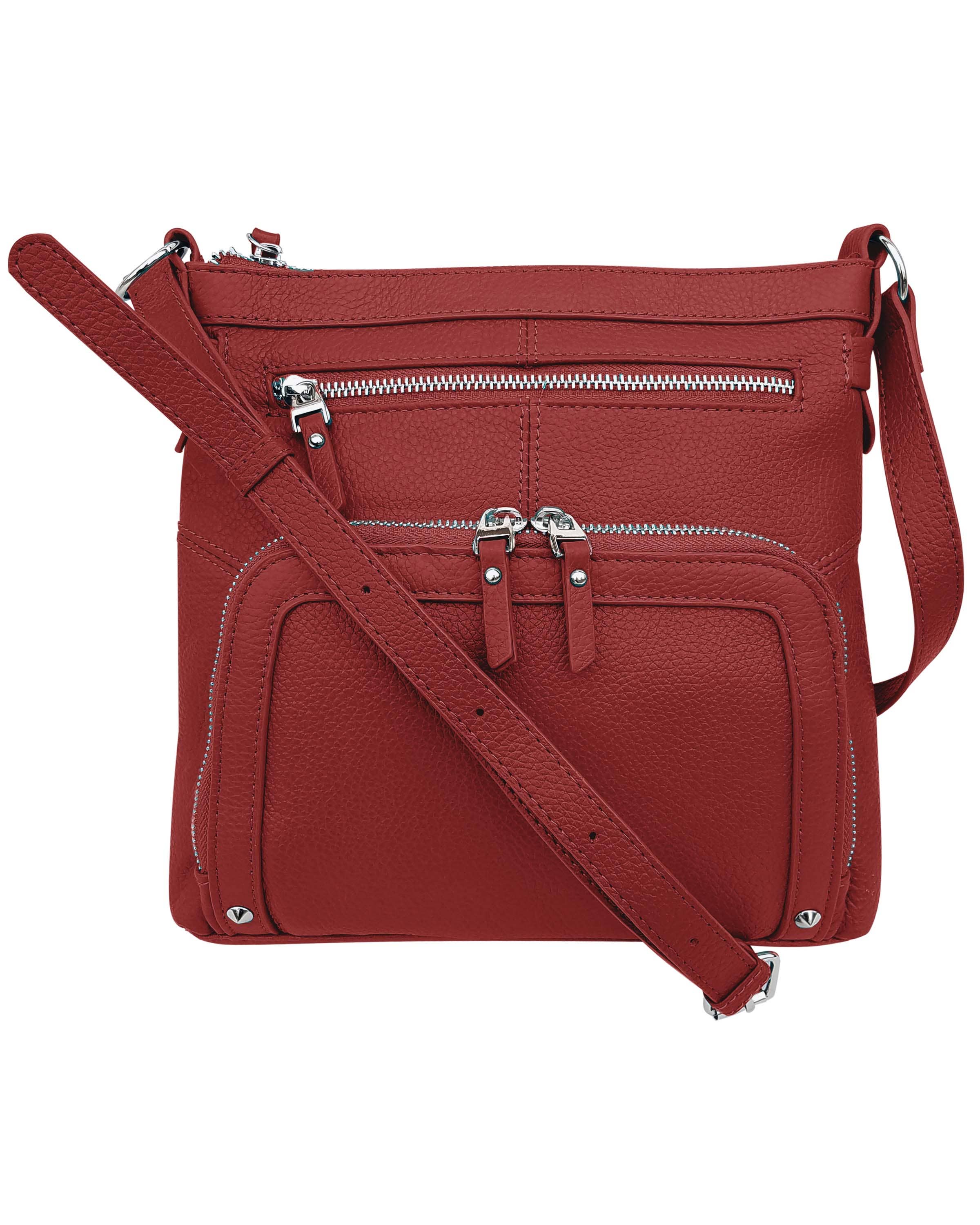 The Roma Leathers, Inc. 3018 Crossbody Shoulder Bag with Organizer Front features red cowhide leather, adjustable straps, three zippered compartments, and a spacious main section, displayed against a white background. Main image