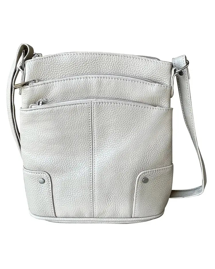 The Roma Leathers, Inc. Cowhide Leather Crossbody is a light gray bag featuring multiple zippered pockets and an adjustable shoulder strap for versatile styling.