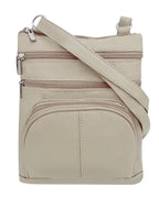 The Roma Leathers, Inc. Cowhide leather Crossbody with phone pocket back side is shown against a white background. This beige bag features an adjustable shoulder strap and multiple zippered compartments for organization.