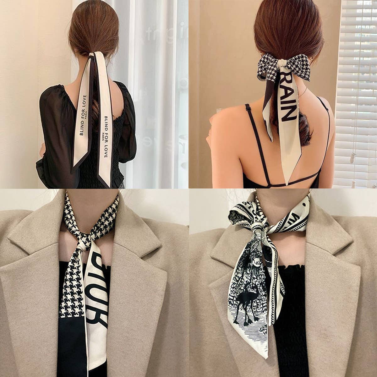 Four images show women wearing the ACCITY Skinny Floral Ribbon Scarf for Hair or Handbag_CWASC0067 styled as hair bows and neck scarves, with chic floral prints paired with black tops and a beige blazer.